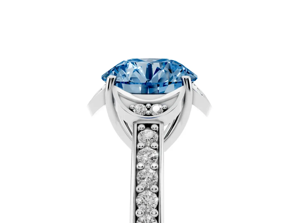 Fancy Blue Round Cut Cut Halo Diamond Ring with Channel Set Band and Four-Prong Setting Silver