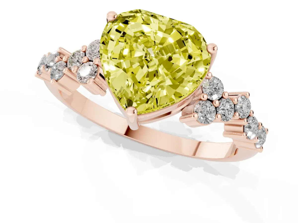 Fancy Yellow Heart Cut Diamond Scattered Round Accent Ring with Prong Setting Rose gold