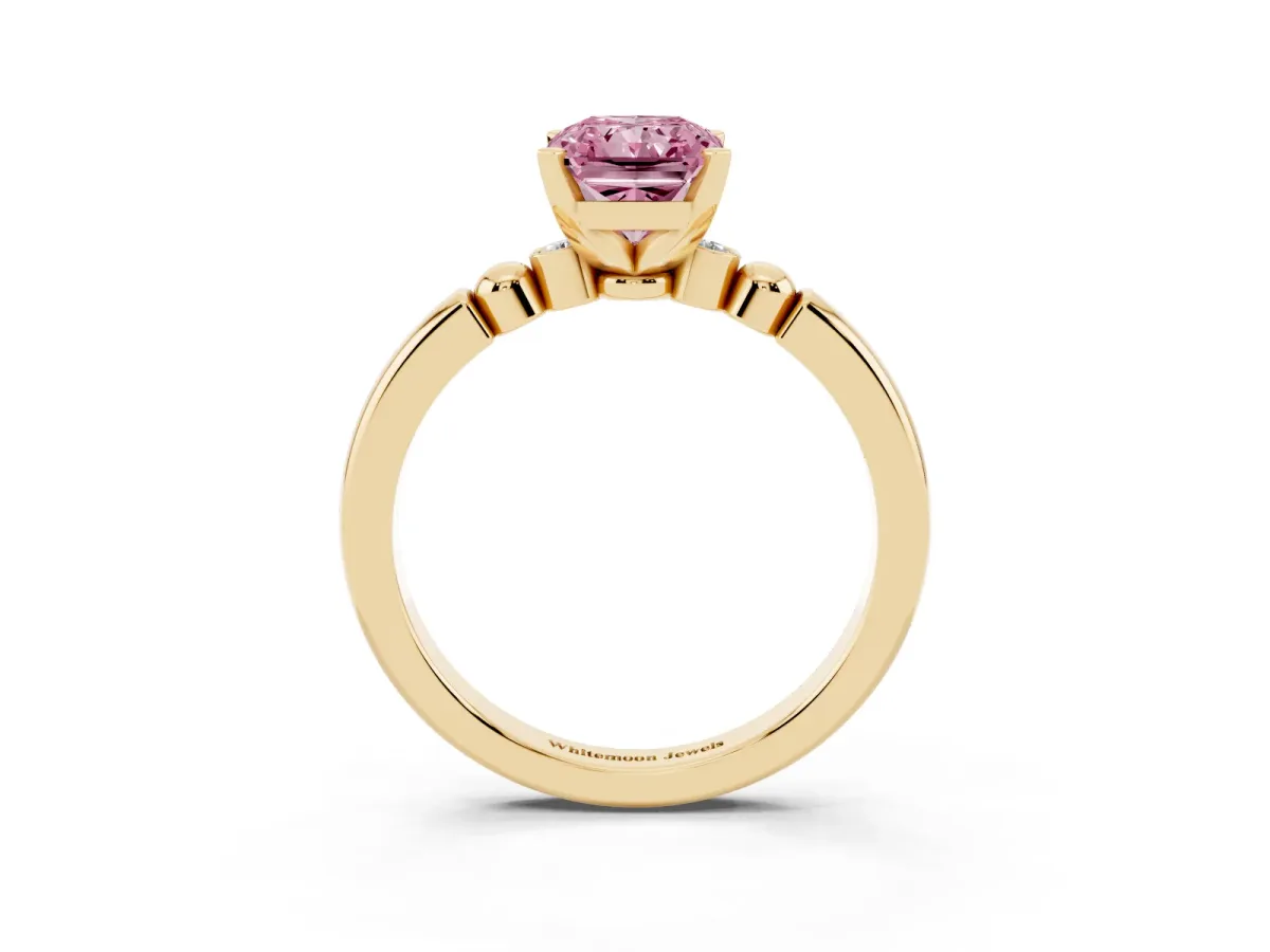 Fancy Pink Radiant Cut Solitaire Beaded Band with Four-Prong Setting Yellow gold