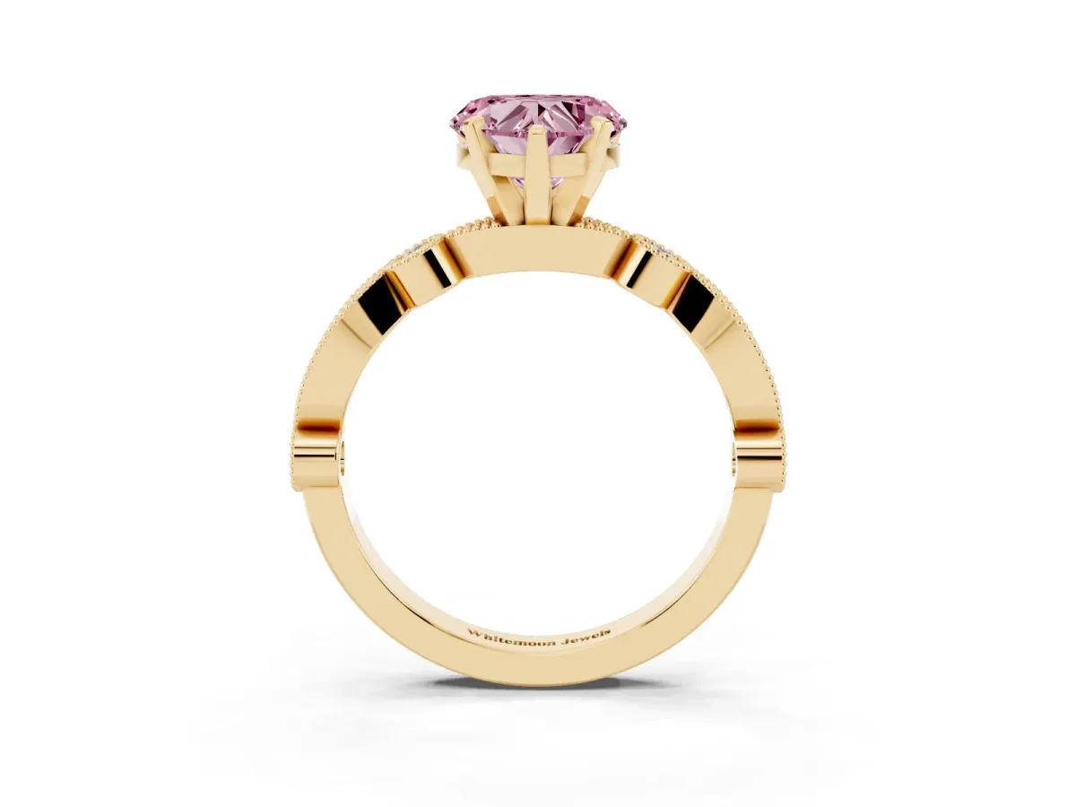 Fancy Pink Heart Cut Milgrain Bezel Diamond Engagement Ring with Solitaire Prong Setting Yellow gold