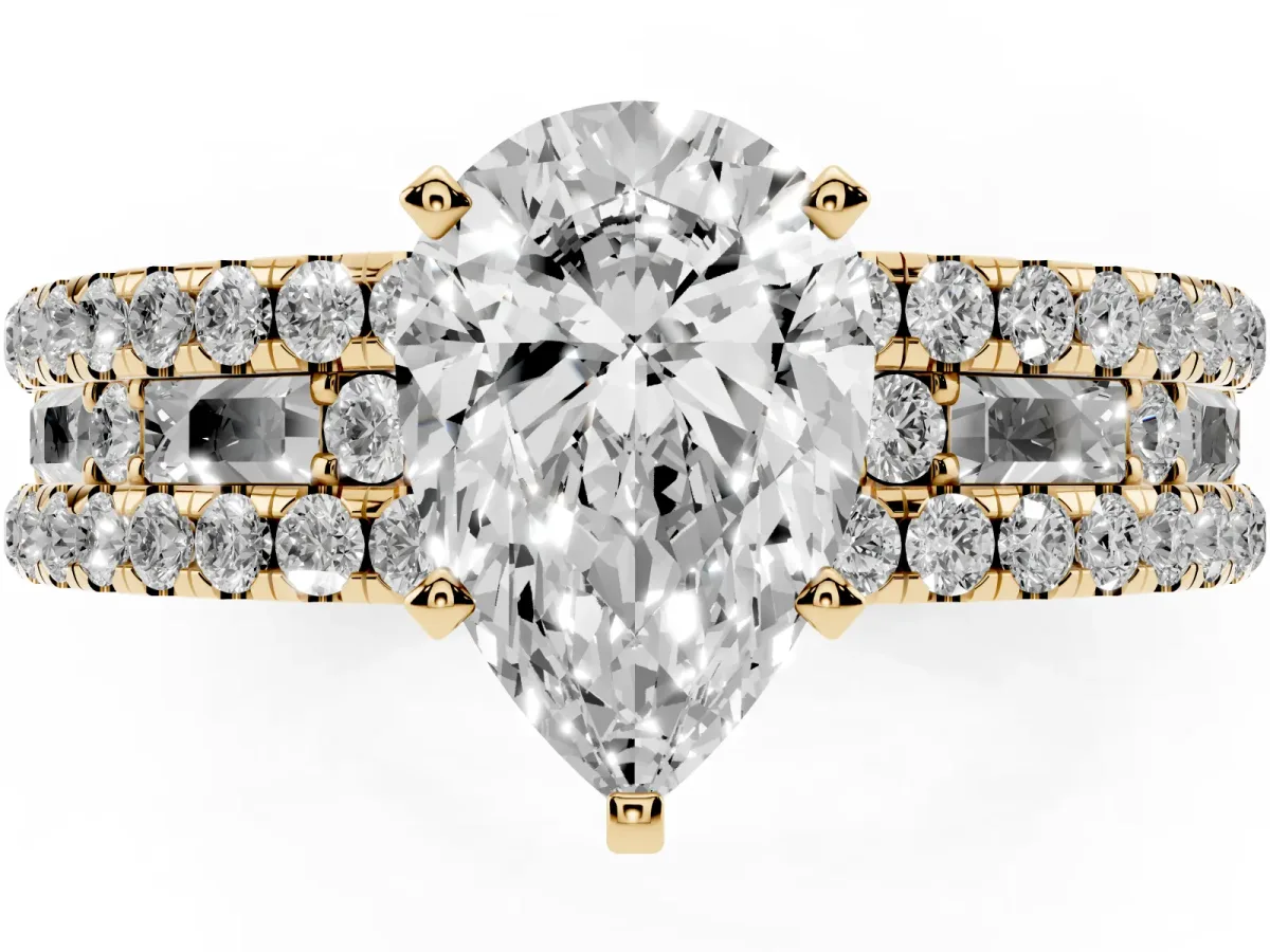 Pear Cut Diamond Solitaire Ring with Pavé and Channel Set Band Yellow gold