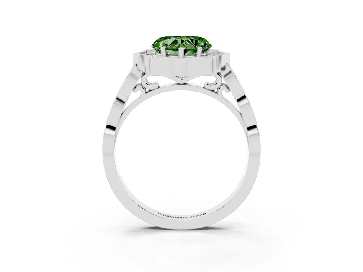 Fancy Green Heart Cut Halo Diamond Engagement Ring with Milgrain Band and Four-Prong Setting Silver