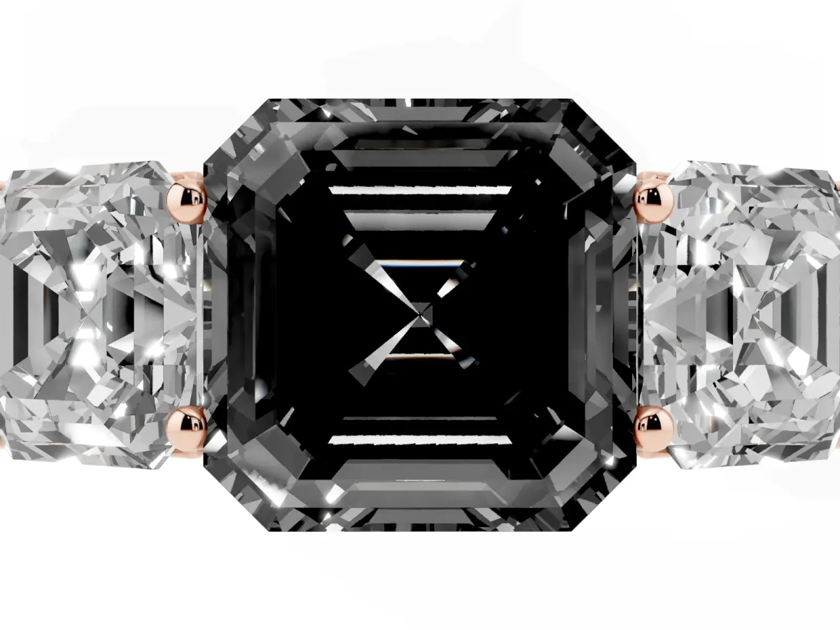 Fancy Black Asscher Cut Three-Stone Diamond Ring with Prong Setting on a Classic Band Rose gold