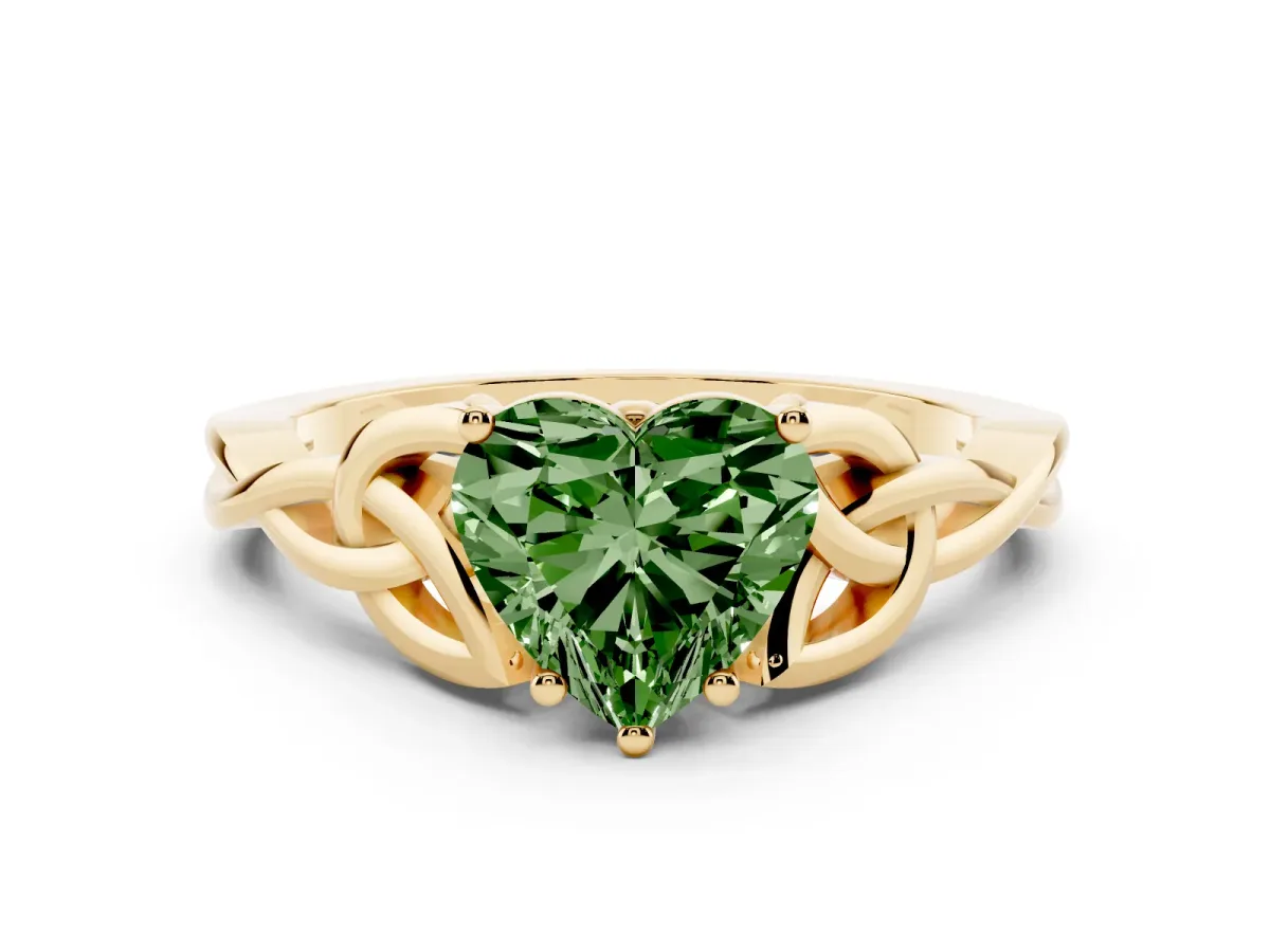 Fancy Green Heart Cut Diamond Solitaire Engagement Ring with Celtic Knot Band and Four-Prong Setting Yellow gold
