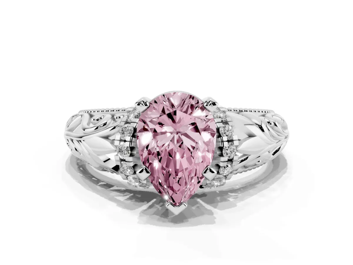 Fancy Pink Pear Cut Solitaire Filigree Engagement Ring with Halo and Prong Setting Silver