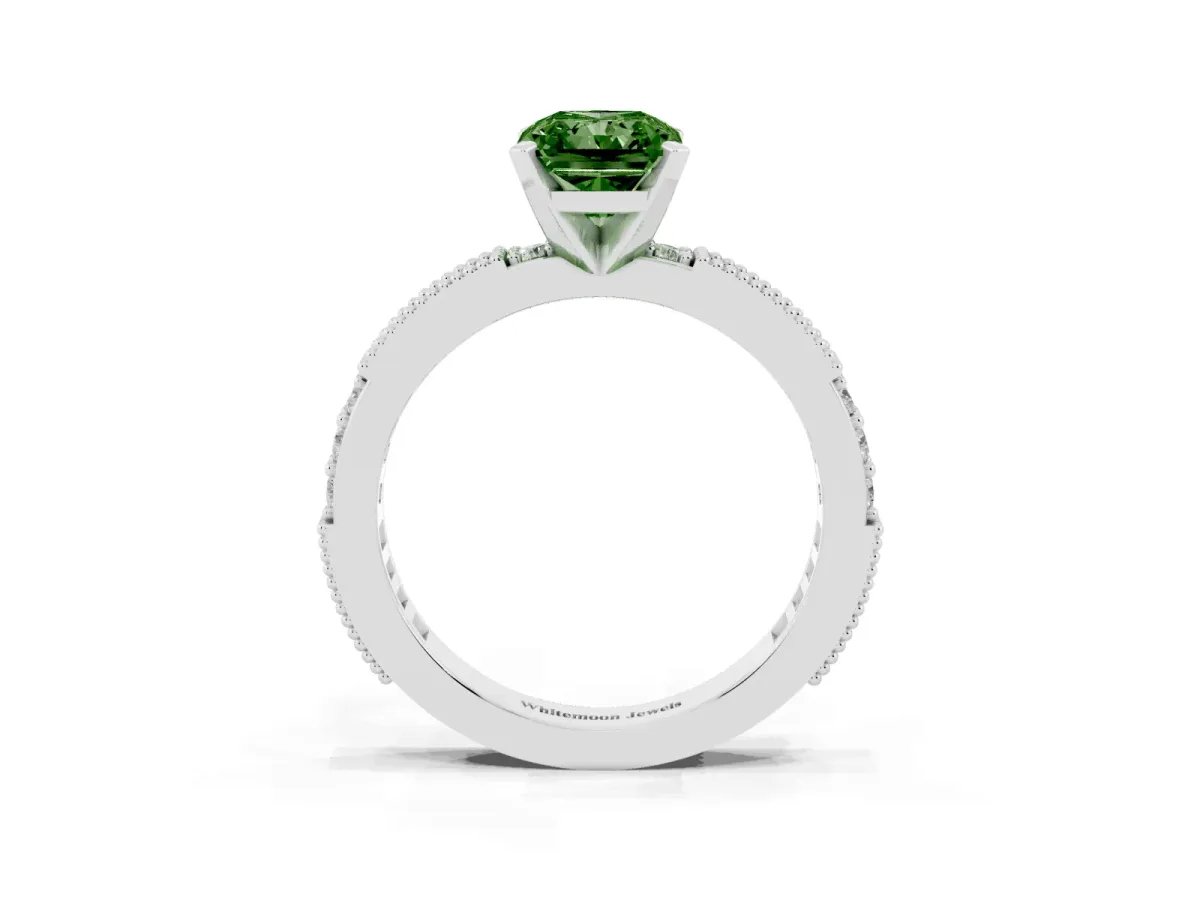 Fancy Green Radiant Cut Solitaire with Pavé Band and Four-Prong Setting Silver