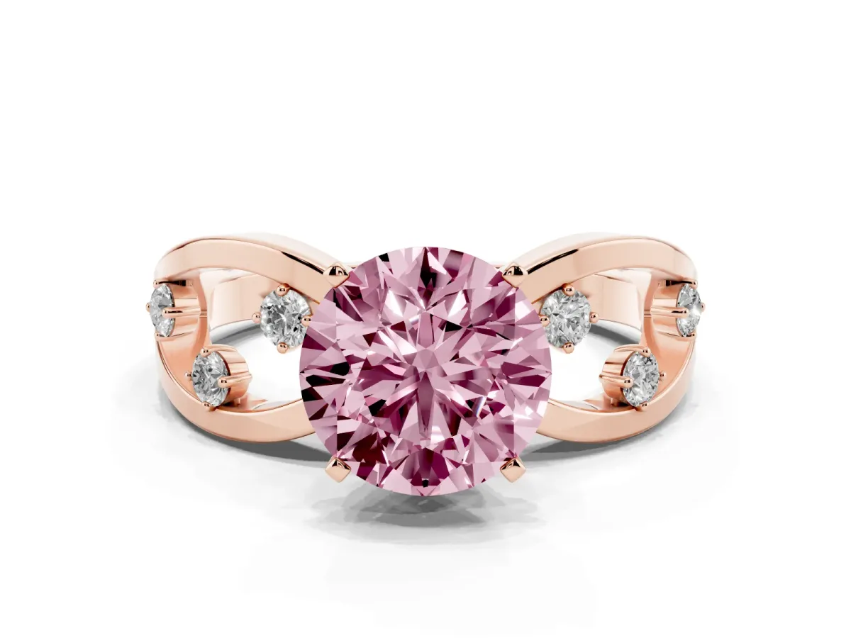Fancy Pink Round Cut Cut Solitaire Diamond with Side Stones on Criss-Cross Band and Four-Prong Setting Rose gold