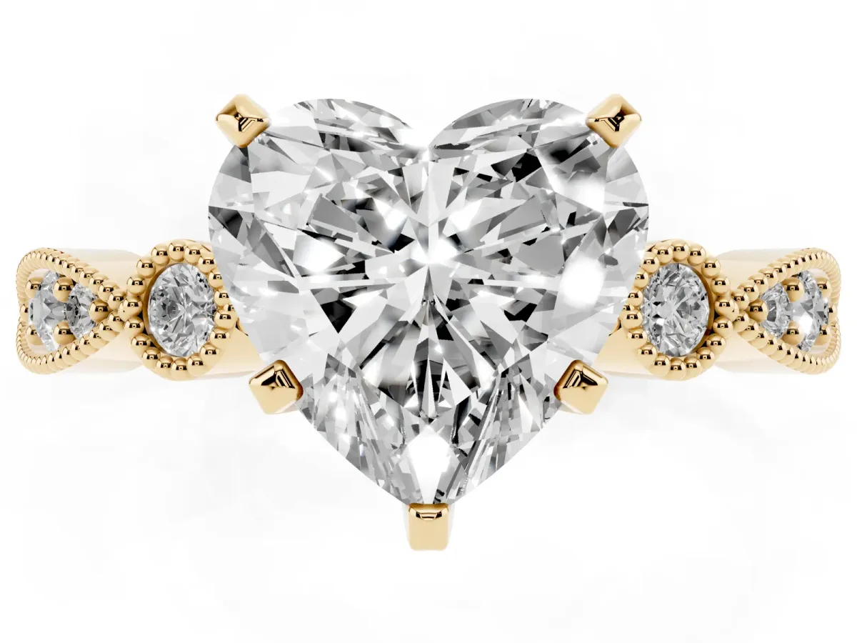 Heart Cut Milgrain Bezel Diamond Engagement Ring with Solitaire Prong Setting Yellow gold