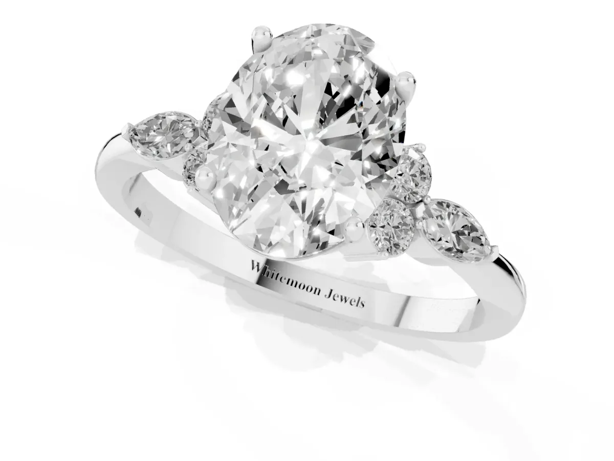 Oval Cut Brilliant Diamond Solitaire Ring with Pear Side Stones and Four-Prong Setting Silver