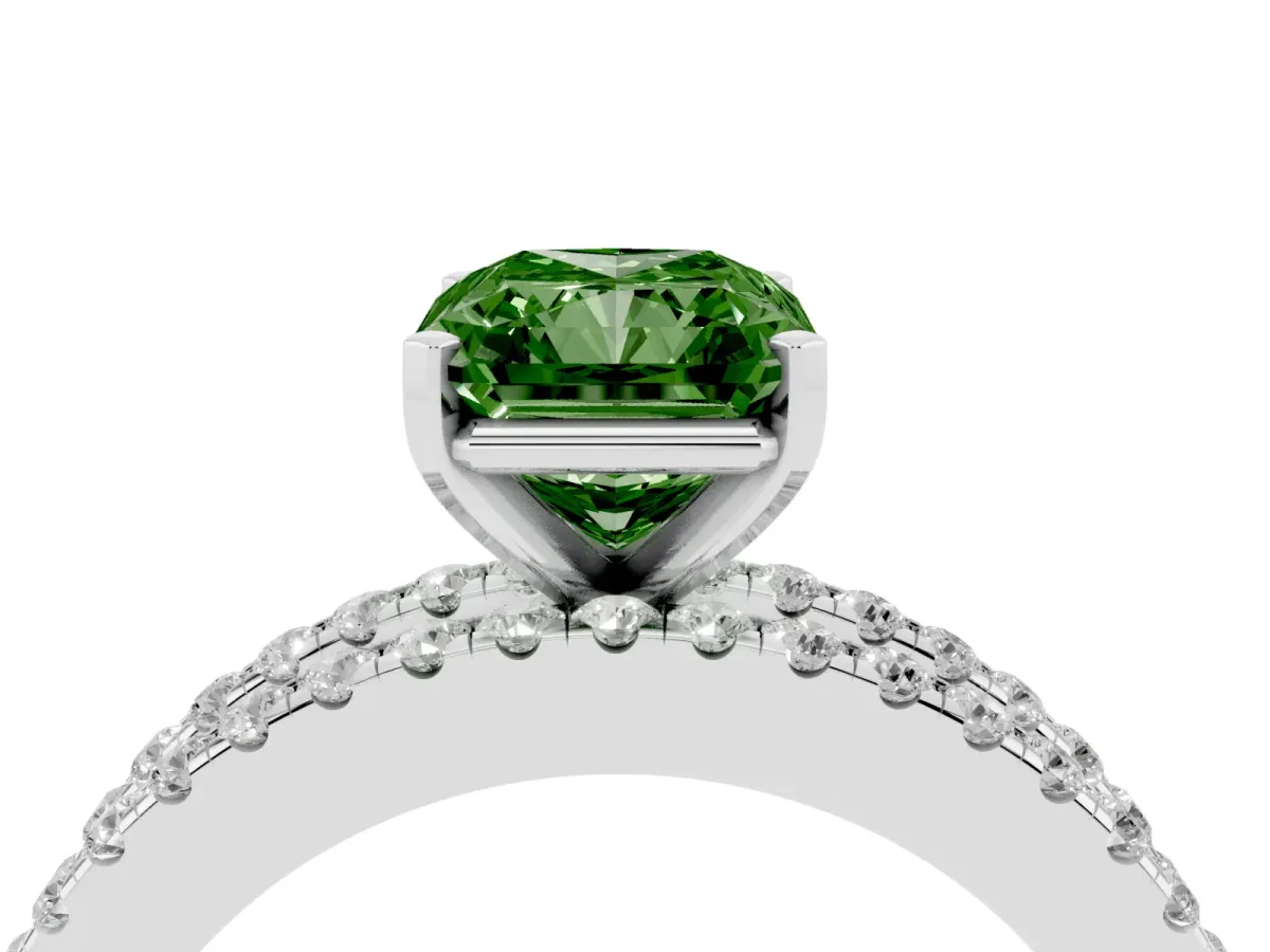 Fancy Green Radiant Cut Diamond Solitaire Ring with Pavé and Channel Set Band Platinum