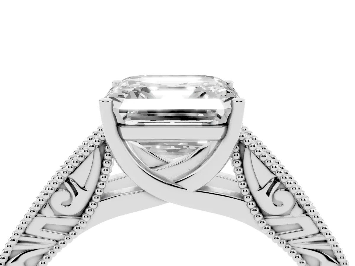 Asscher Cut Diamond Solitaire Ring with Engraved Band and Four-Prong Setting White gold