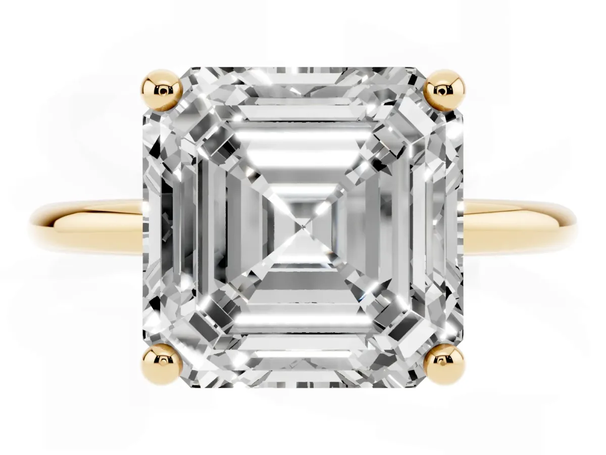 Asscher Cut Solitaire Diamond Ring with 4-Prong Setting on a Classic Band Yellow gold