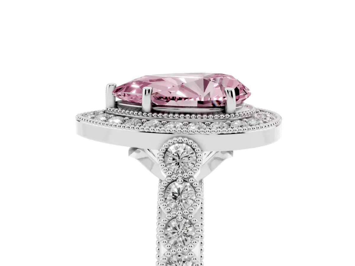 Fancy Pink Pear Cut Halo Twist Band Solitaire Ring with Six-Prong Setting Silver