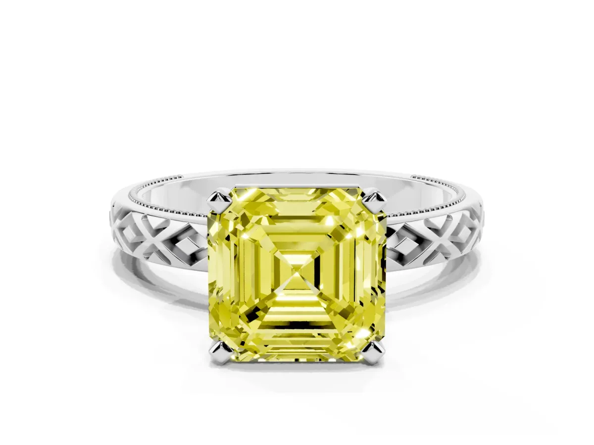 Fancy Yellow Asscher Cut Solitaire Diamond Ring with Milgrain and Black Enamel X Pattern Band Silver