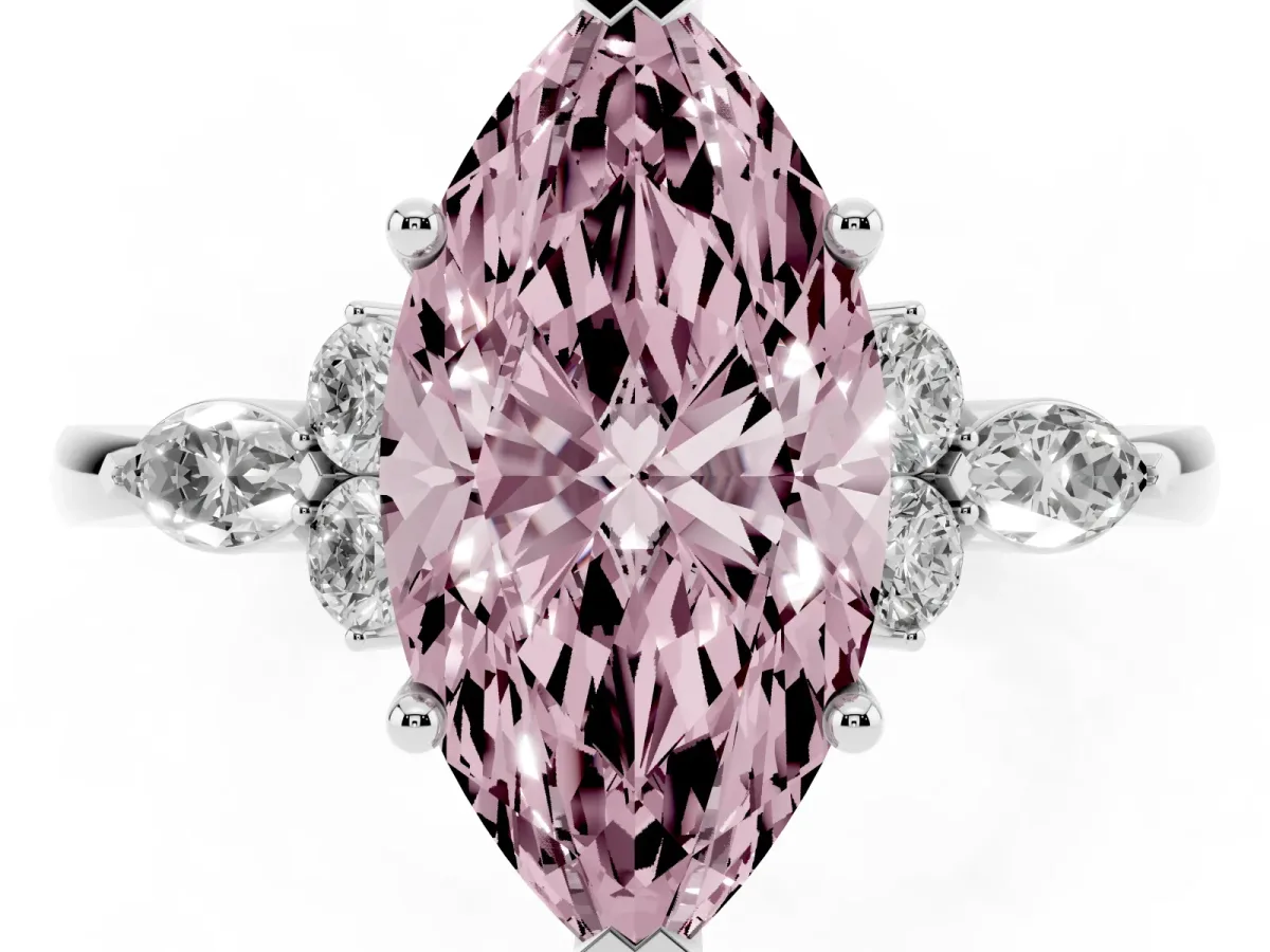 Fancy Pink Marquise Cut Brilliant Diamond Solitaire Ring with Pear Side Stones and Four-Prong Setting Silver