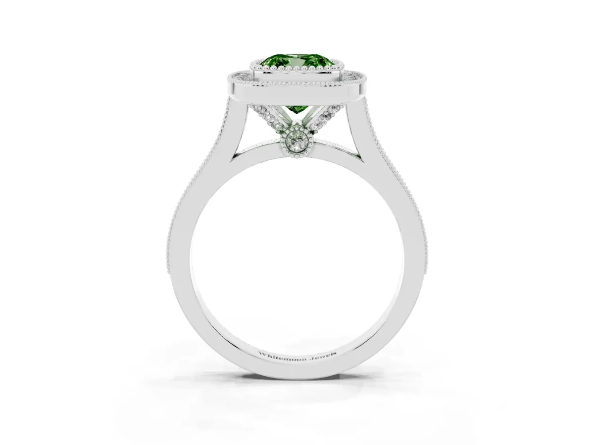 Fancy Green Cushion Cut Diamond Halo Ring with Milgrain Frame and Pavé Band White gold
