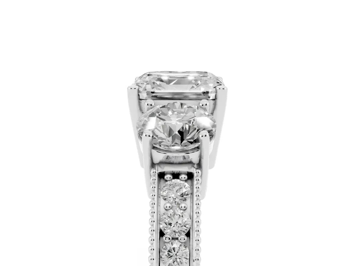 Asscher Cut Three-Stone Diamond Ring with Pavé Band and Four-Prong Setting Platinum