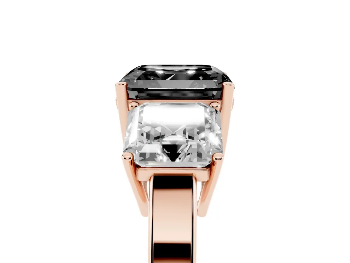 Fancy Black Three-Stone Asscher Cut Cut Diamond Engagement Ring with Flat Band and Four-Prong Setting Rose gold