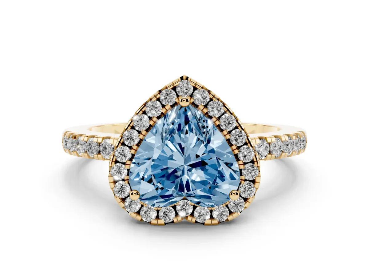 Fancy Blue Heart Cut Halo Diamond Engagement Ring with Pavé Band and Four-Prong Setting Yellow gold