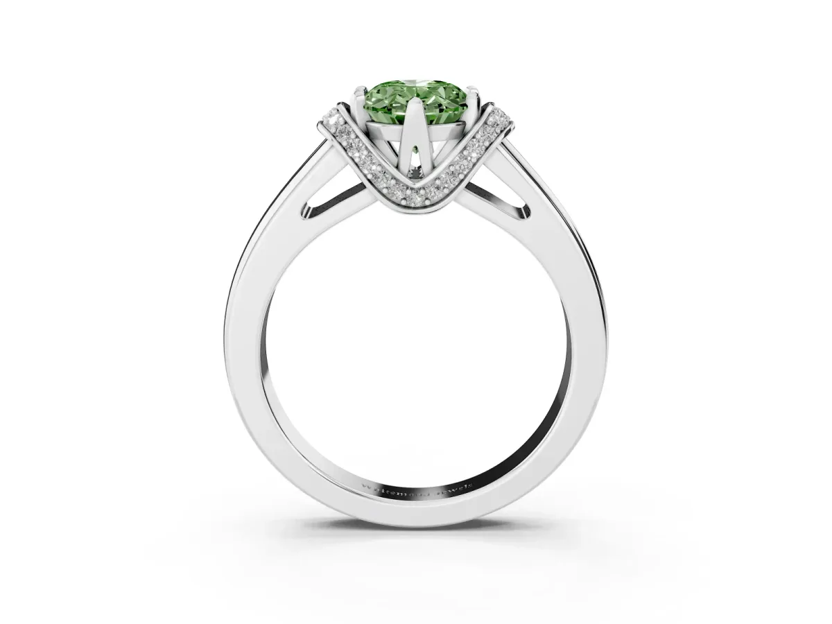 Fancy Green Oval Cut Solitaire Diamond Ring with Pave Band and Six-Prong Setting Silver