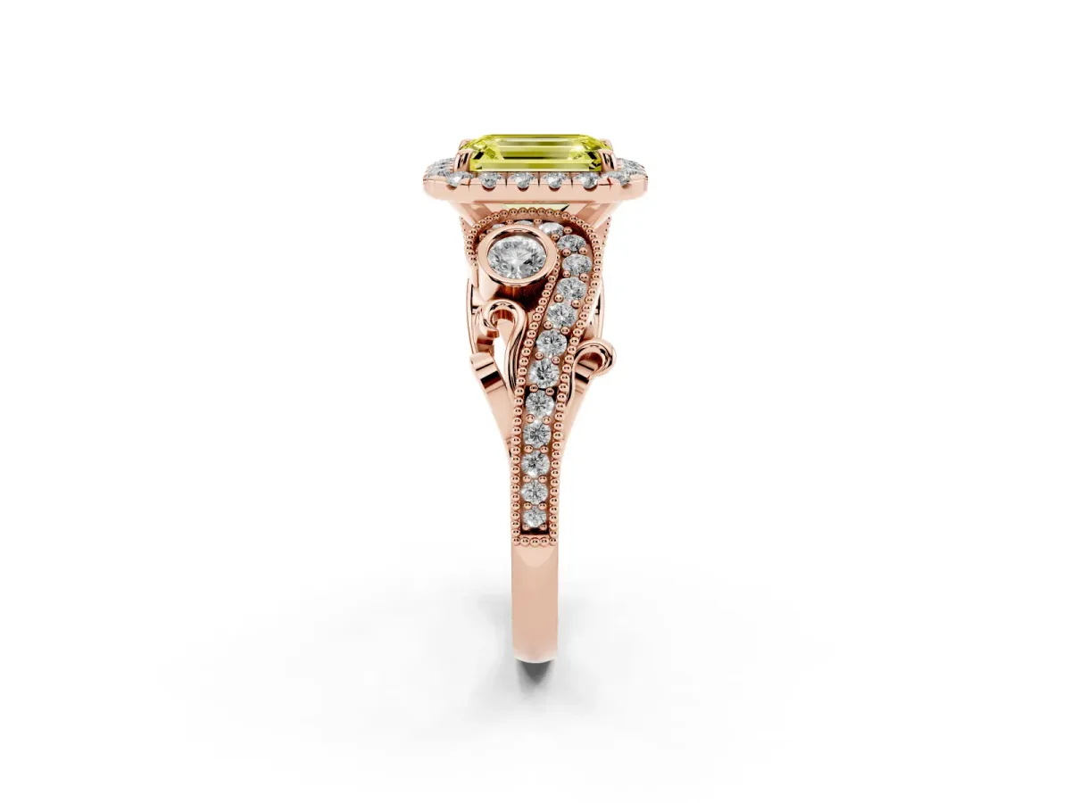 Fancy Yellow Emerald Cut Diamond Halo Ring with Milgrain Pavé Band and Four-Prong Setting Rose gold