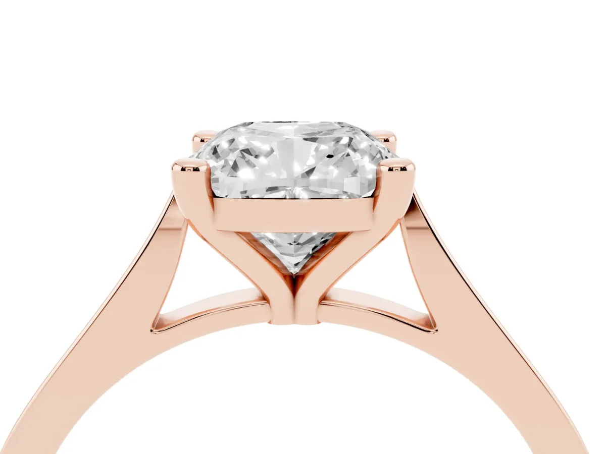 Cushion Cut Solitaire Diamond Ring with Four-Prong Setting and Tapered Band Rose gold