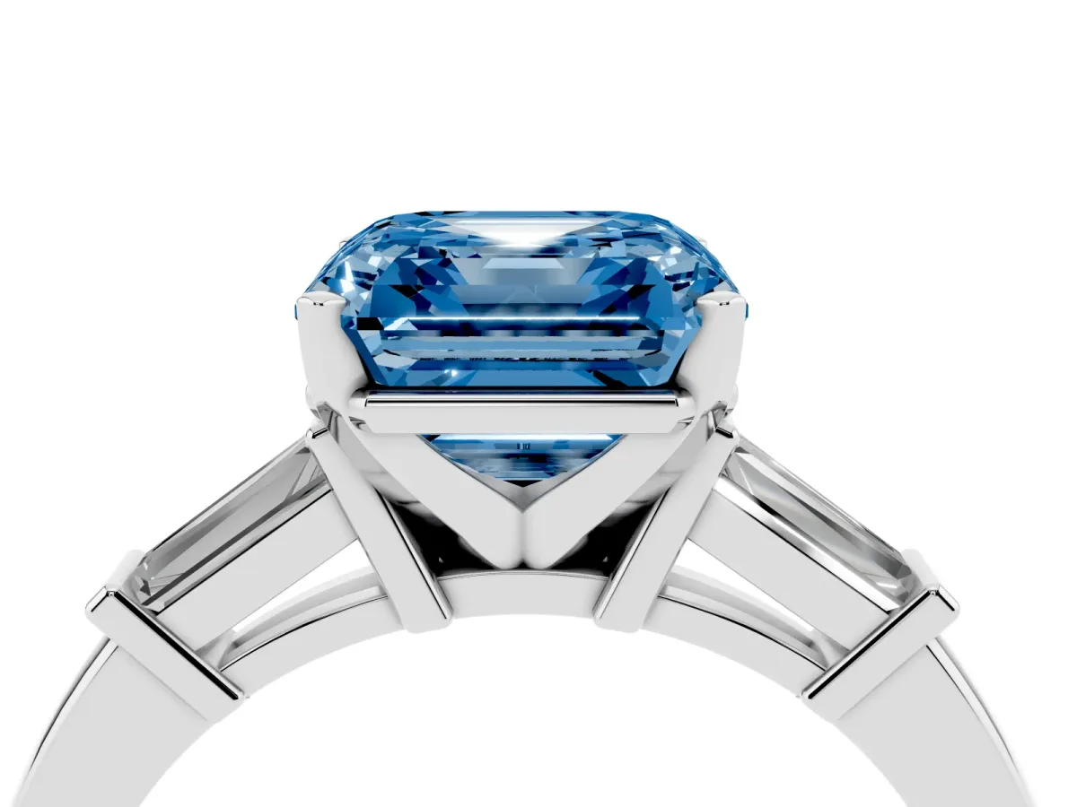 Fancy Blue Asscher Cut Cut Diamond Solitaire Ring with Tapered Baguette Accents and Four-Prong Setting White gold