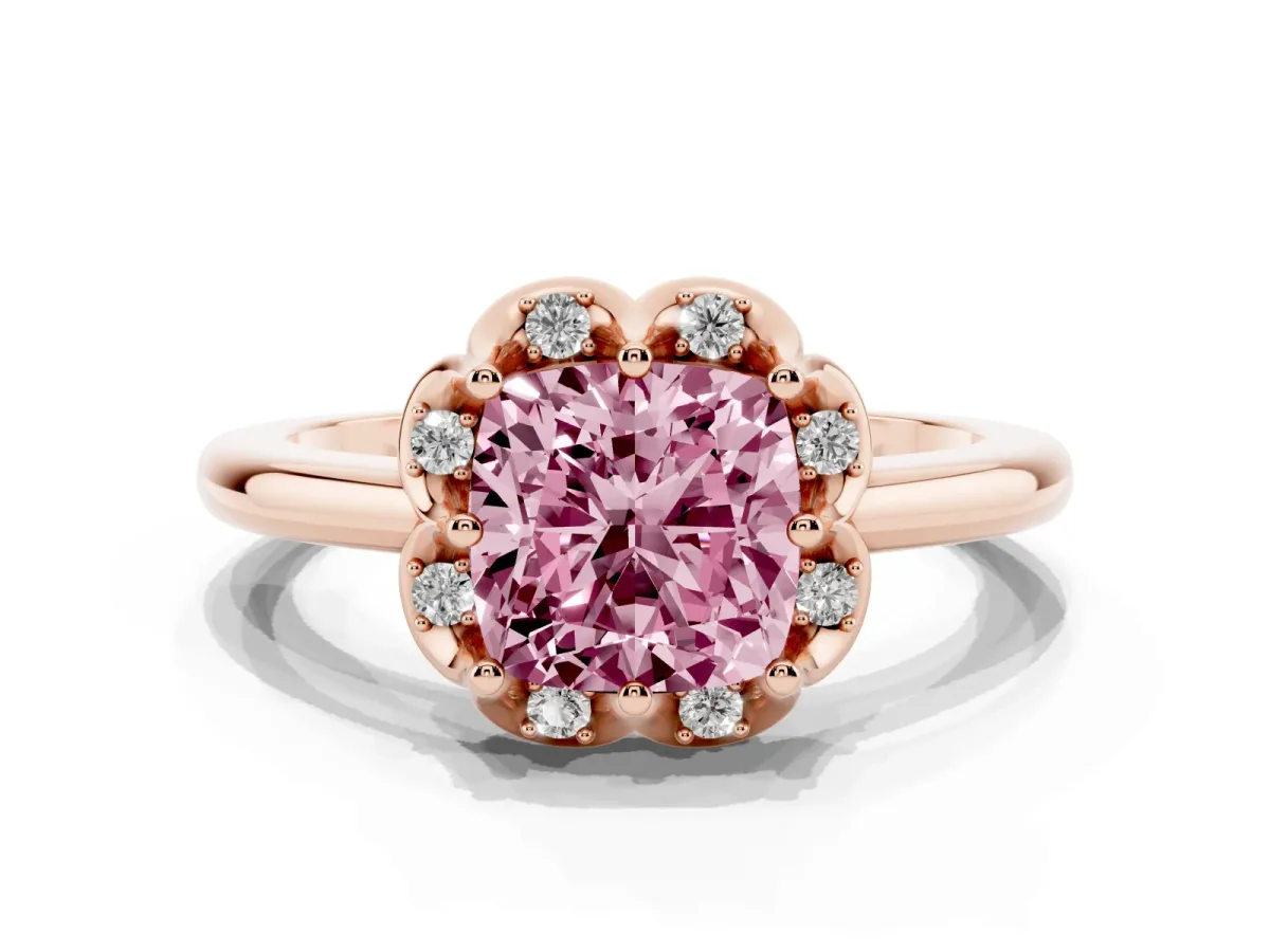 Fancy Pink Cushion Cut Halo Diamond Ring with Round Cluster Setting, Solitaire Band, and Four-Prong Setting Rose gold