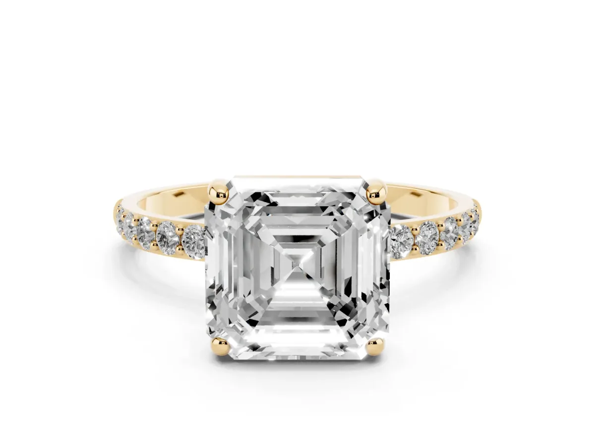 Asscher Cut Diamond Solitaire Ring with Round Pavé Band and Prong Setting Yellow gold