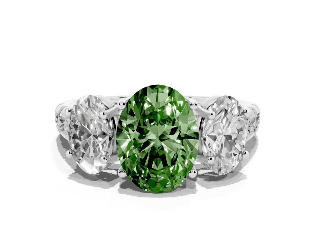 Fancy Green Three-Stone Oval Cut Diamond Pavé Band with Prong Setting Silver