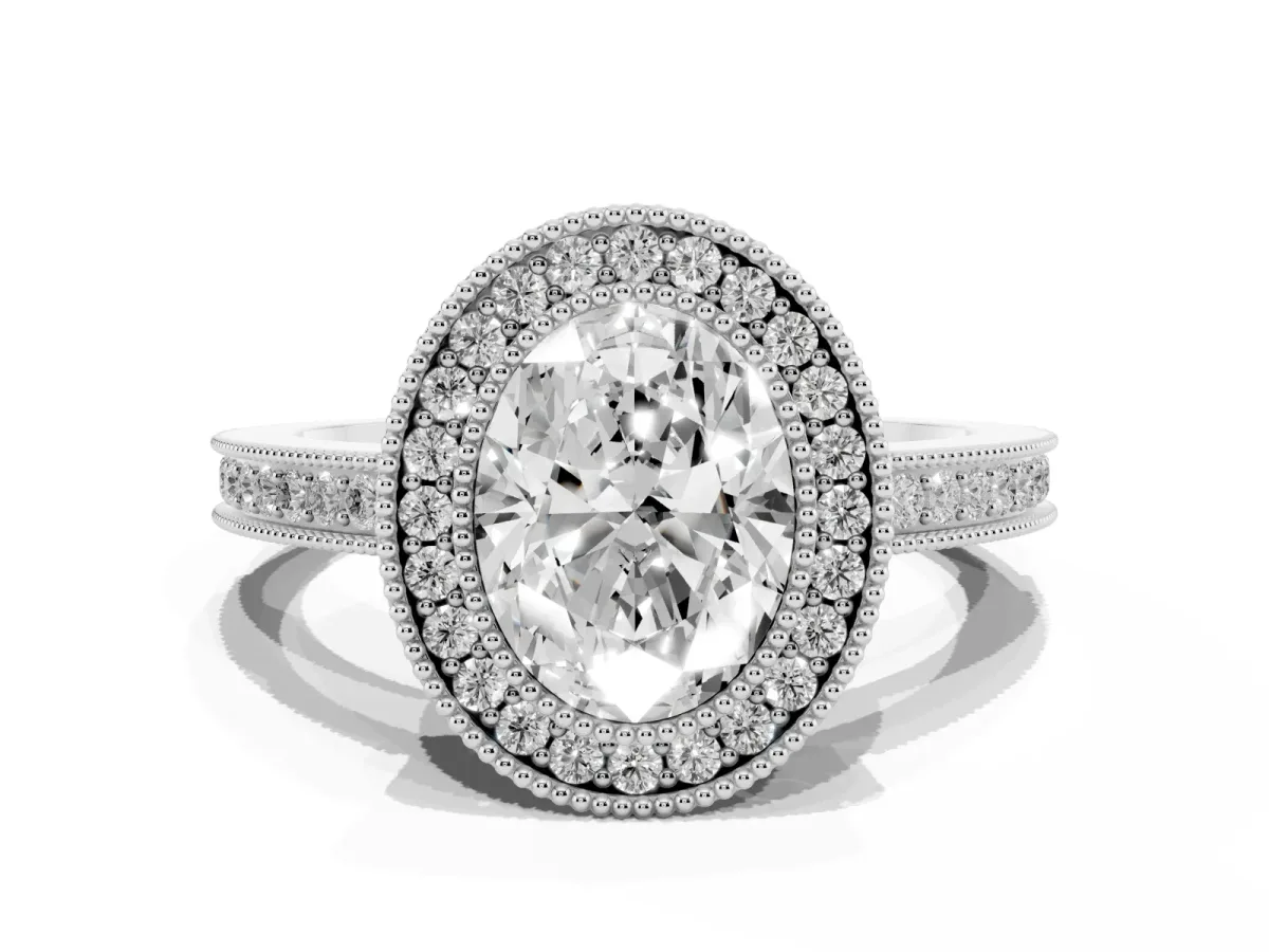 Oval Cut Cut Halo Diamond Ring with Pavé Band and Milgrain Prong Setting Platinum