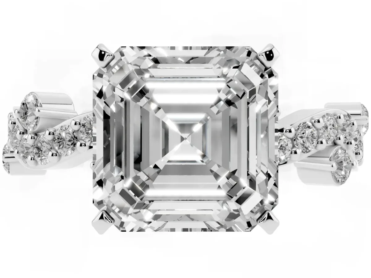 Asscher Cut Cut Solitaire Diamond Twisted Band with Pave Setting Silver