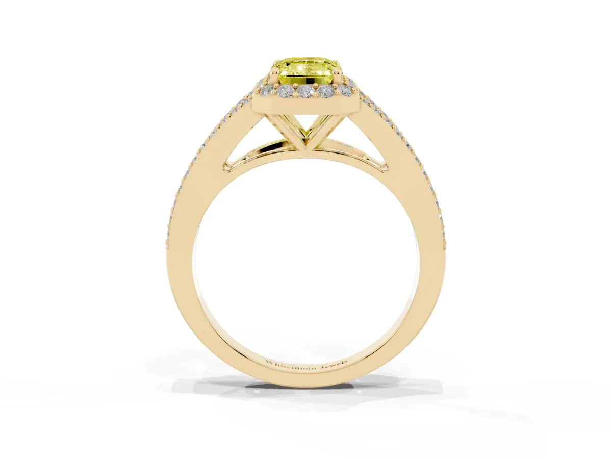 Fancy Yellow Emerald Cut Halo Split Shank Diamond Ring with Prong Setting Yellow gold