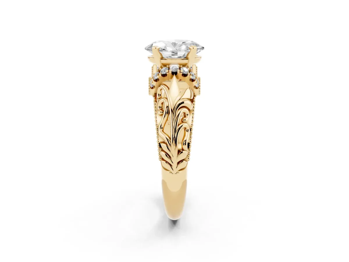Oval Cut Solitaire Filigree Engagement Ring with Halo and Prong Setting Yellow gold