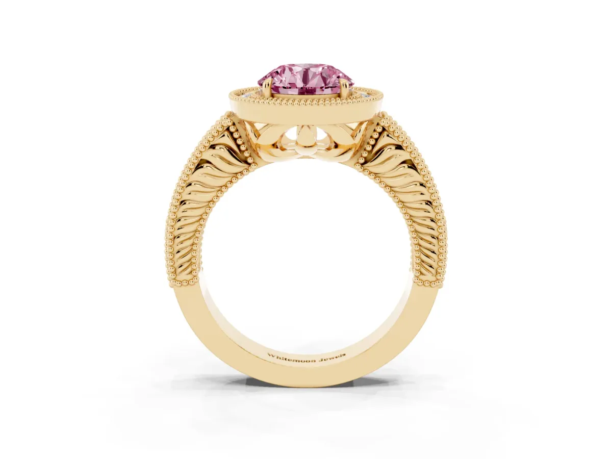Fancy Pink Round Cut Cut Halo Diamond Ring with Pavé Band and Four-Prong Setting Yellow gold
