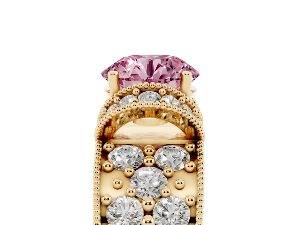Fancy Pink Round Cut Halo Pave Diamond Engagement Ring with Milgrain Detailing Yellow gold