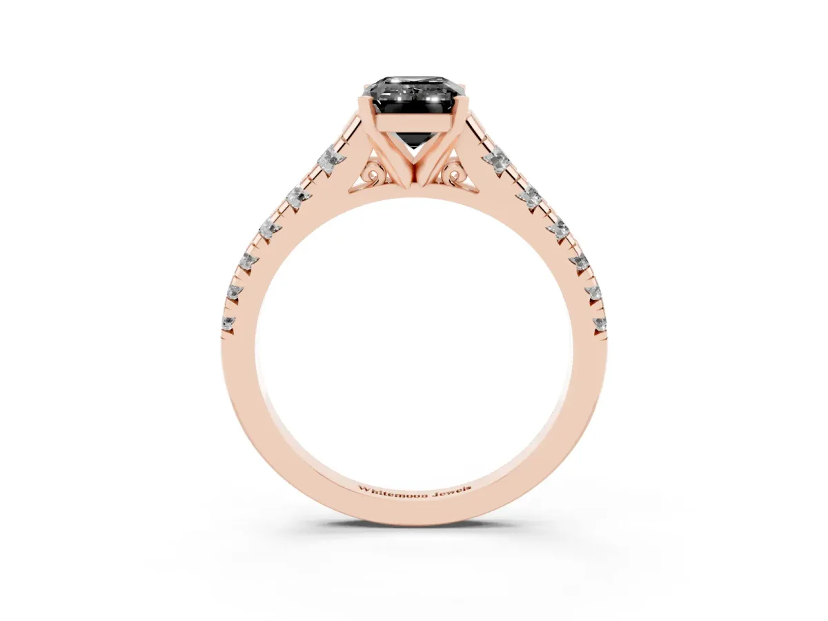 Fancy Black Emerald Cut Diamond Cathedral Solitaire Ring with Round Pavé Band Rose gold