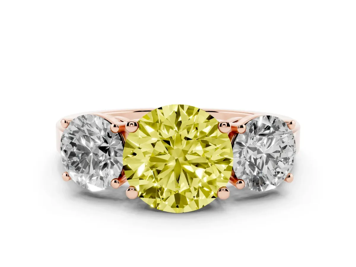 Fancy Yellow Three-Stone Round Cut Cut Diamond Engagement Ring with Flat Band and Four-Prong Setting Rose gold