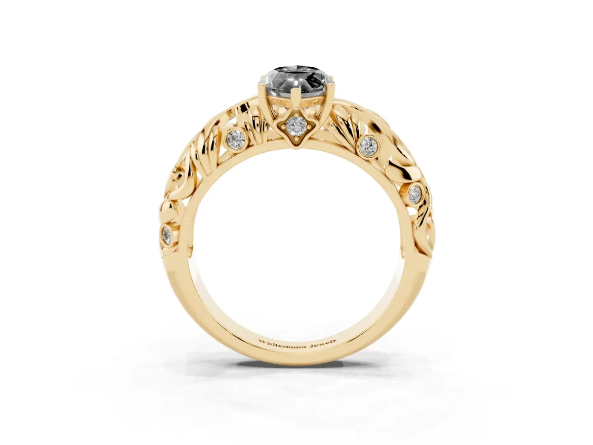 Fancy Black Marquise Cut Solitaire Diamond Leaf-Inspired Vine Band Ring with Prong Setting Yellow gold