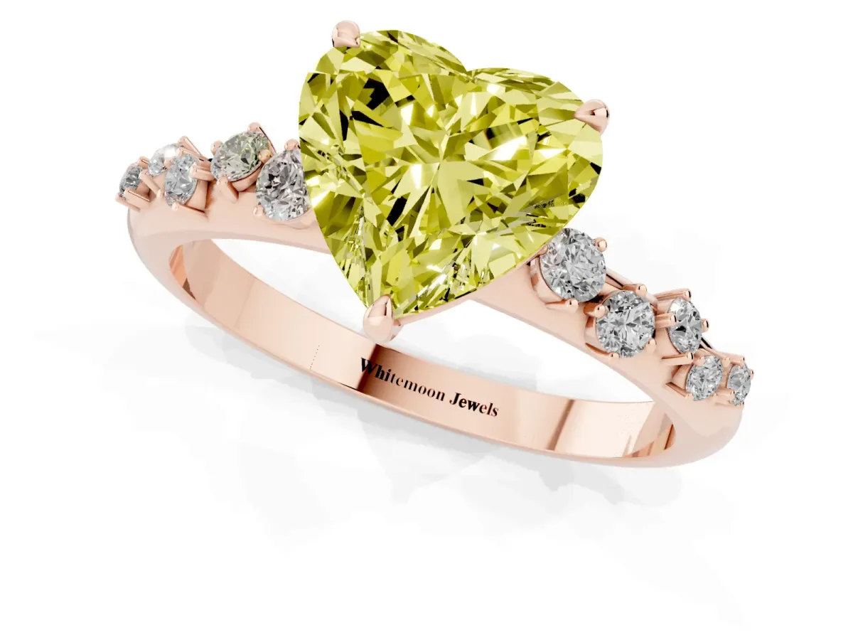 Fancy Yellow Heart Cut Diamond Cluster Prong-Set Solitaire Ring Rose gold