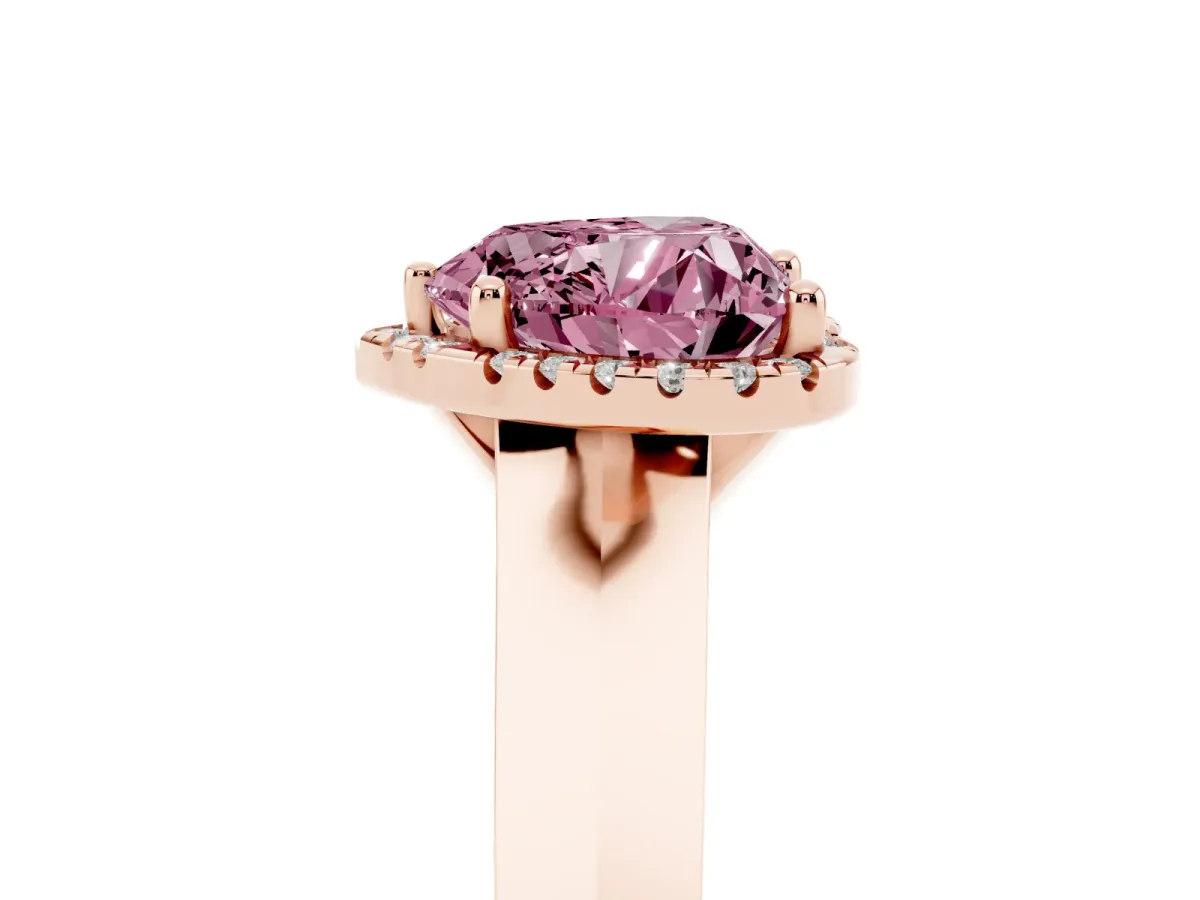Fancy Pink Heart Cut Halo Diamond Ring with Cathedral Band and Four-Prong Setting Rose gold