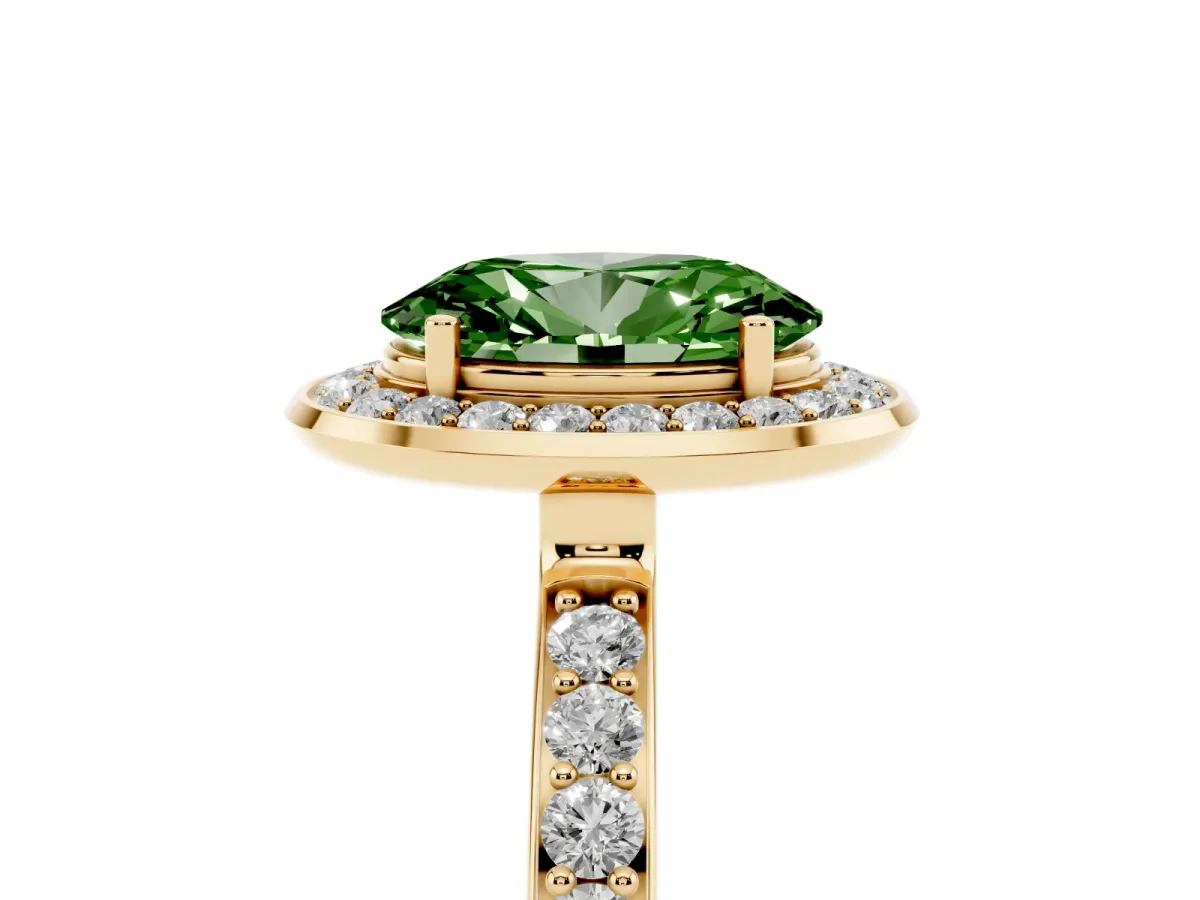 Fancy Green Oval Cut Diamond Halo Ring with Bezel Frame and Pavé Band Yellow gold
