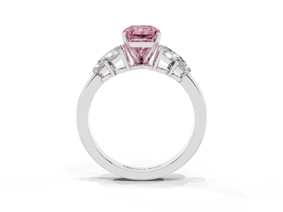 Fancy Pink Radiant Cut Diamond Cluster Leaf Design Ring with Prong Setting White gold