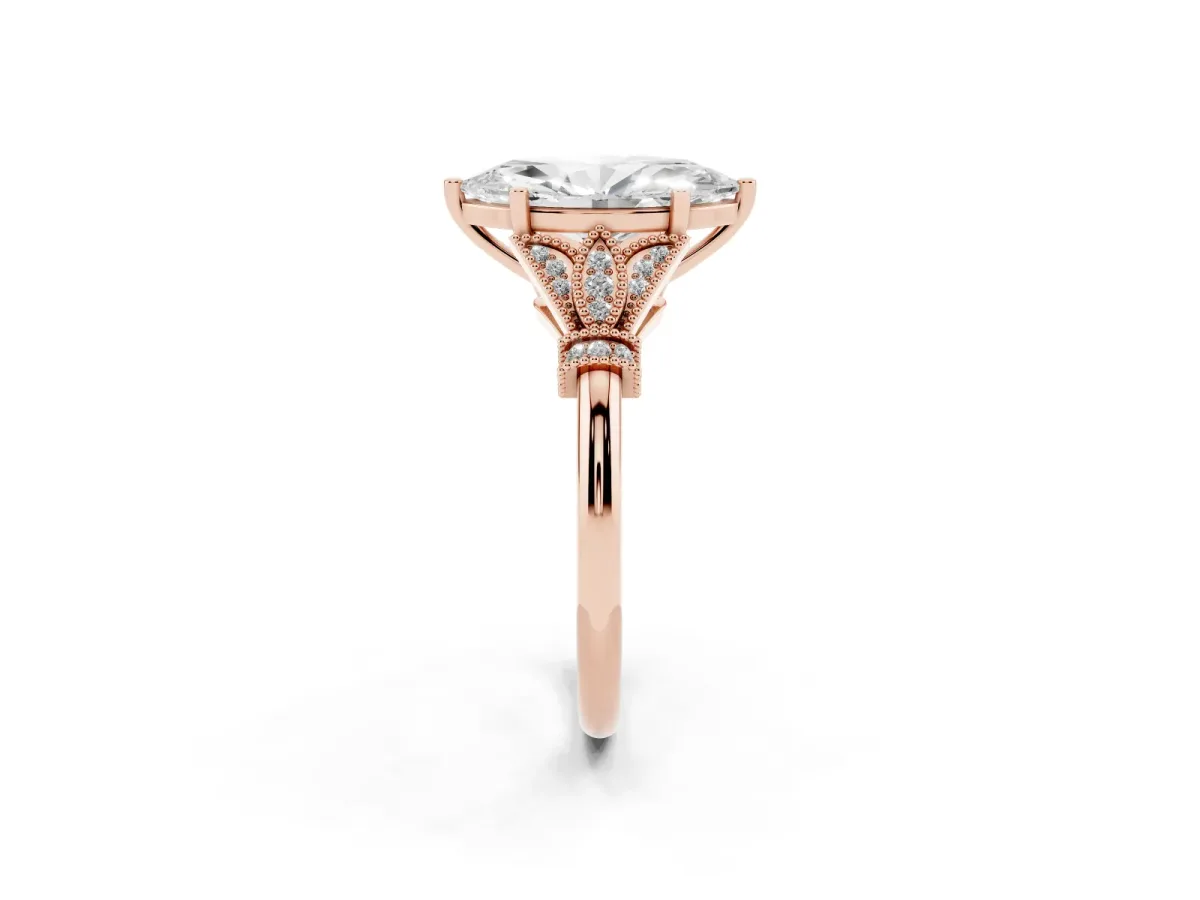 Marquise Cut Diamond Solitaire Ring with Floral Filigree and Pave Accents Rose gold