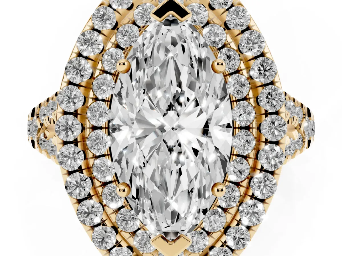 Double Halo Marquise Cut Diamond Pavé Split Shank Ring with Prong Setting Yellow gold
