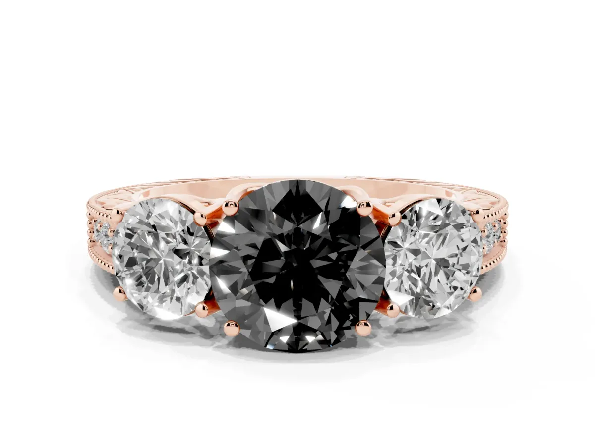 Fancy Black Three-Stone Round Cut Cut Milgrain Pavé Engagement Ring Rose gold