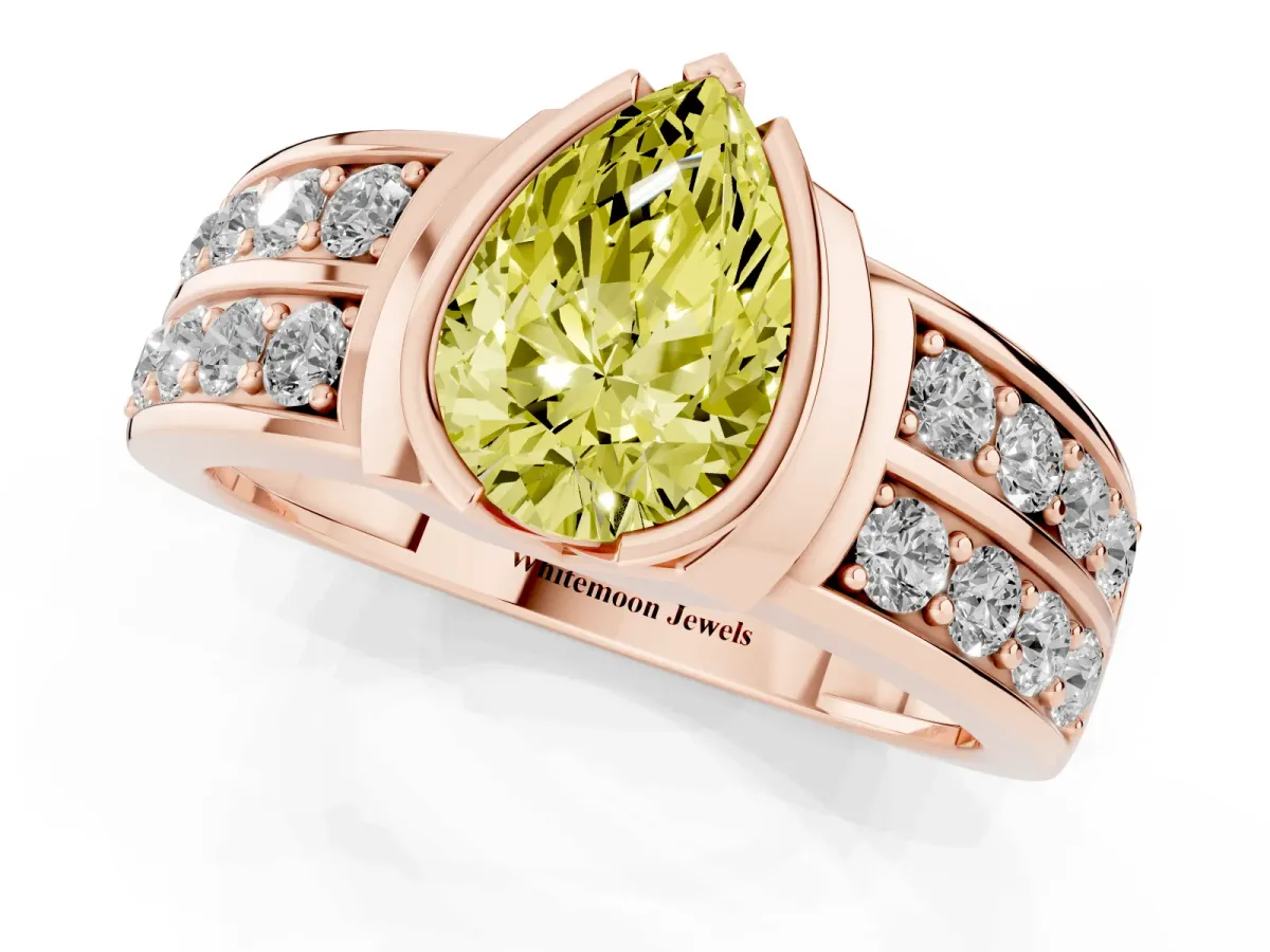 Fancy Yellow Pear Cut Brilliant Diamond Channel Set Wide Band Ring with Bezel Setting Rose gold