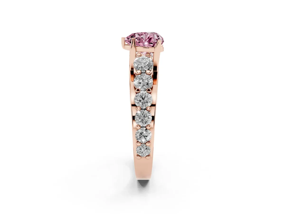 Fancy Pink Heart Cut Diamond Engagement Ring with Pavé Band and Four-Prong Setting Rose gold
