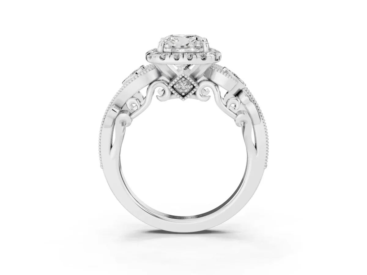 Cushion Cut Diamond Halo Ring with Milgrain Pavé Band and Four-Prong Setting White gold