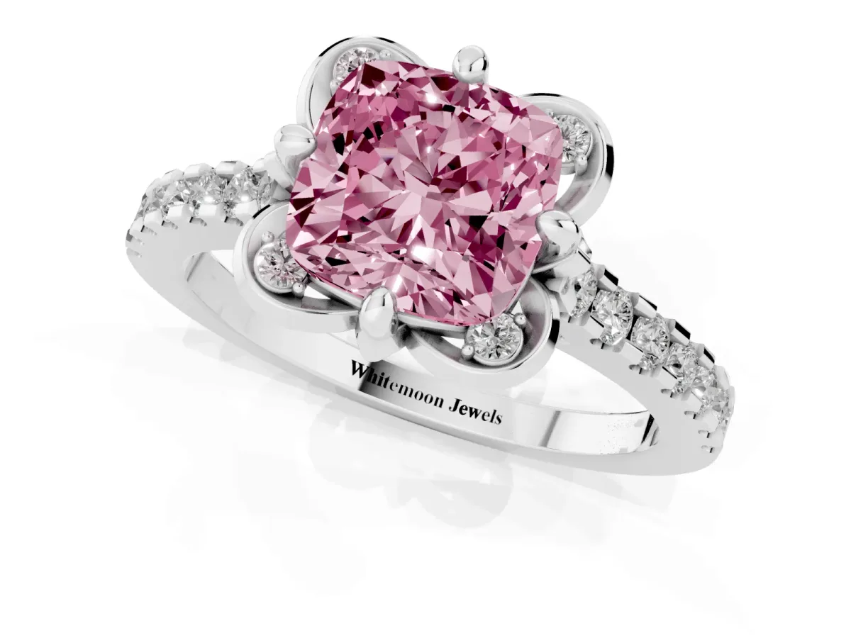 Fancy Pink Cushion Cut Diamond Ring with Pavé Band and Floral Prong Setting Platinum